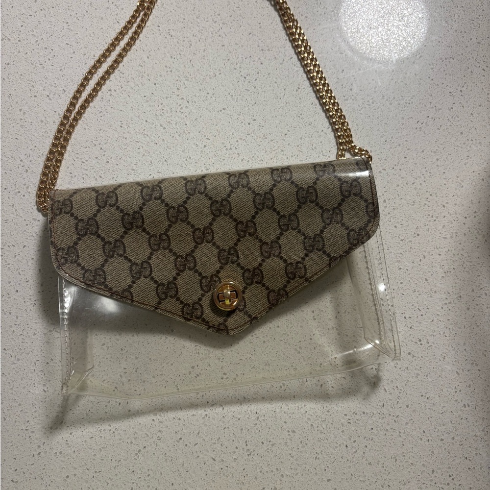 Gucci Tan and Gold Clutch with Chain